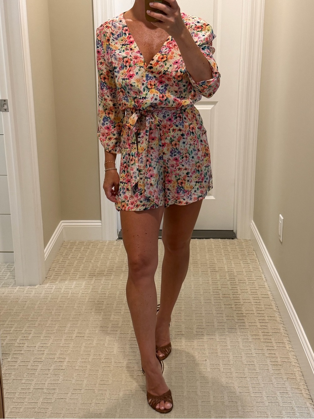 Yumi Kim Floral V-Neck Tie-Waist Mini Dress in Pink and Yellow